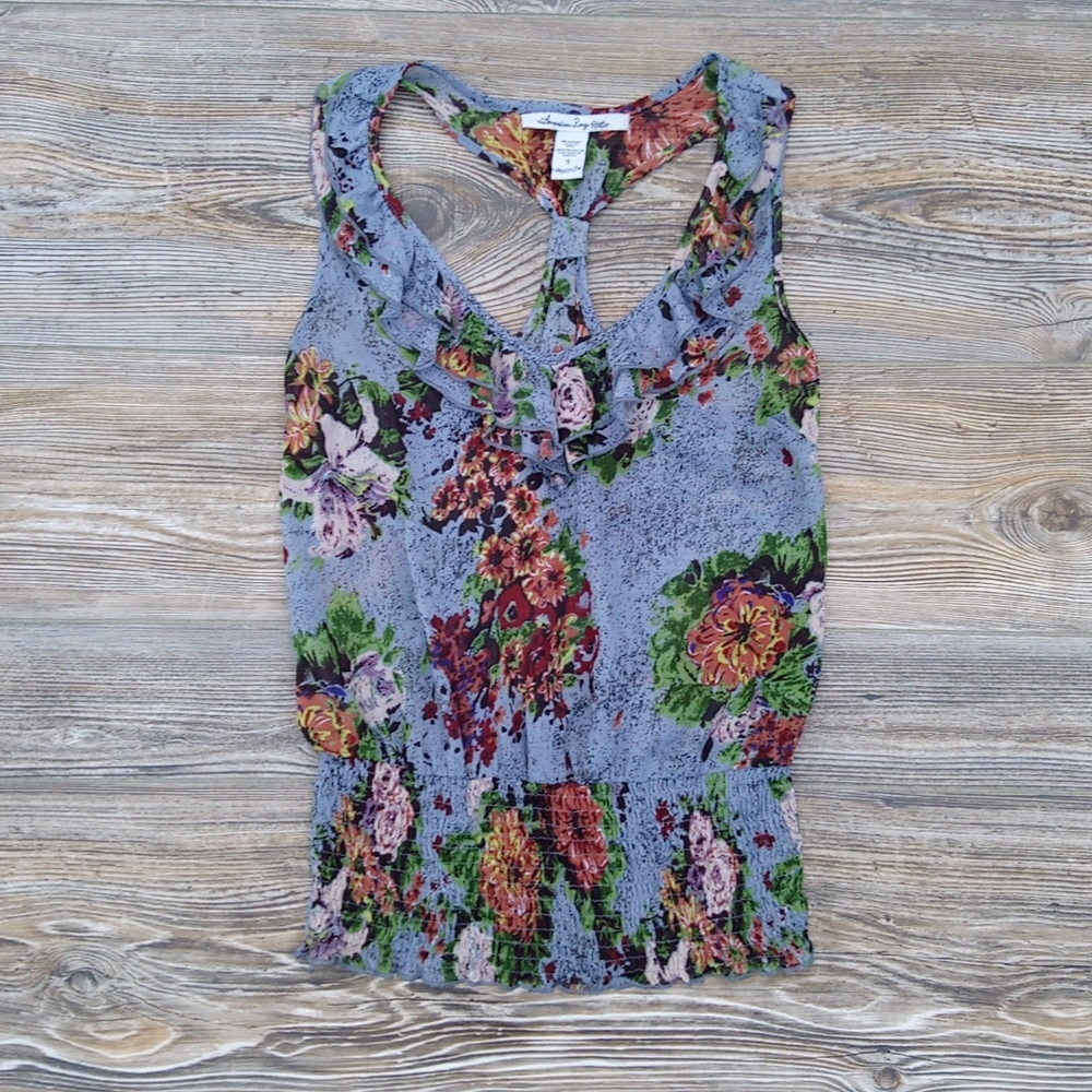 American Rag Ruffly Racerback Lightweight Semi Sheer Floral Flower Tank Top